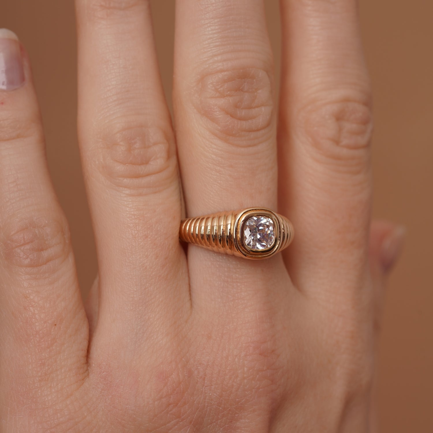 burren jewellery 18k gold plated ribbed chunky ring with square cz stone 