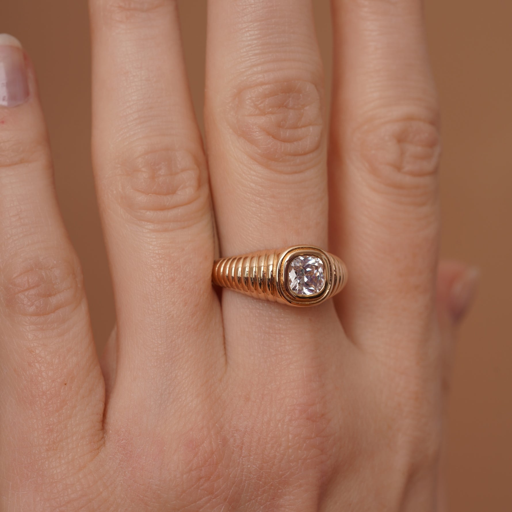 burren jewellery 18k gold plated ribbed chunky ring with square cz stone 