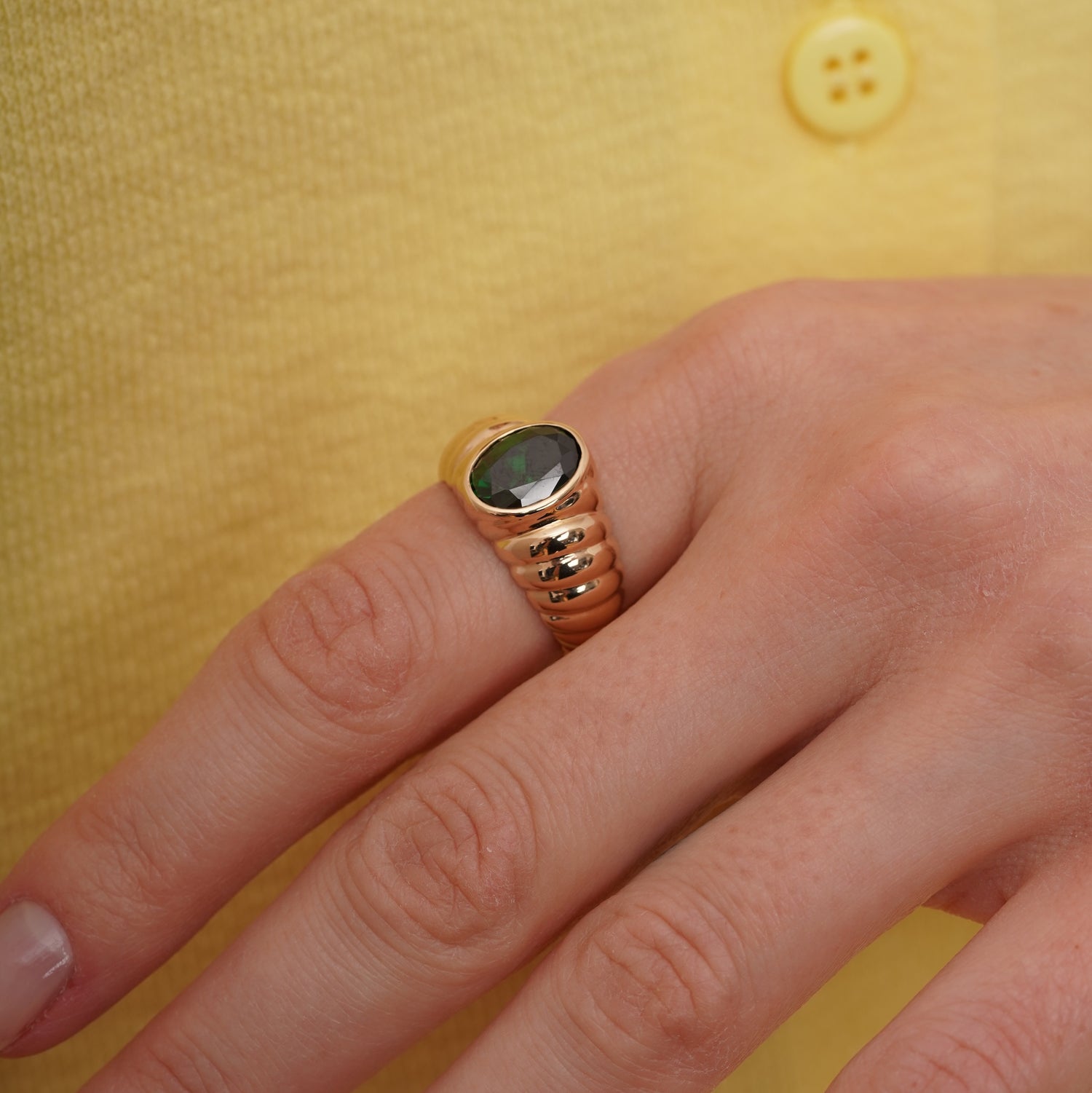 burren jewellery 18k gold plated ribbed chunky green amethyst ring