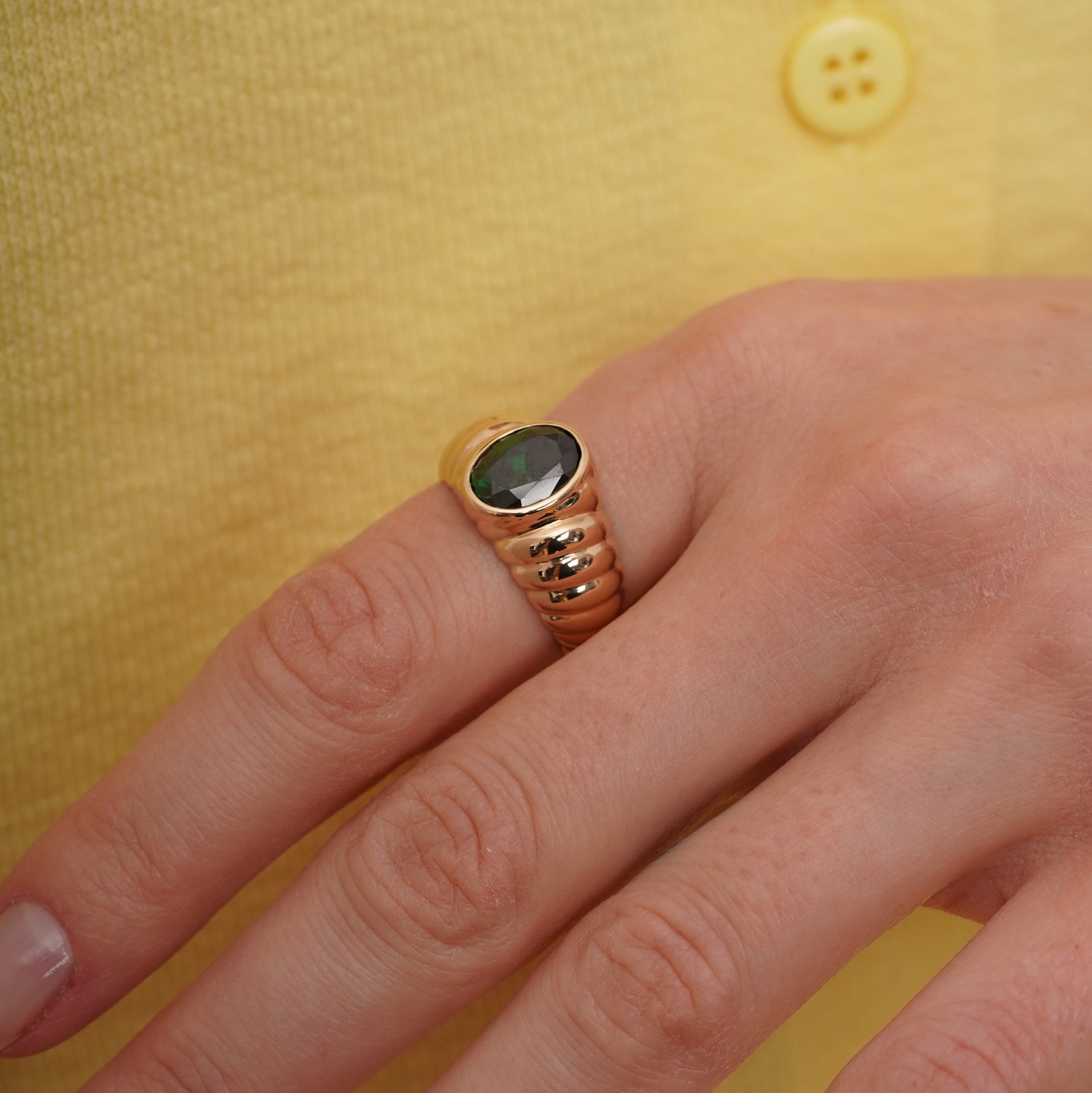 burren jewellery 18k gold plated ribbed chunky green amethyst ring