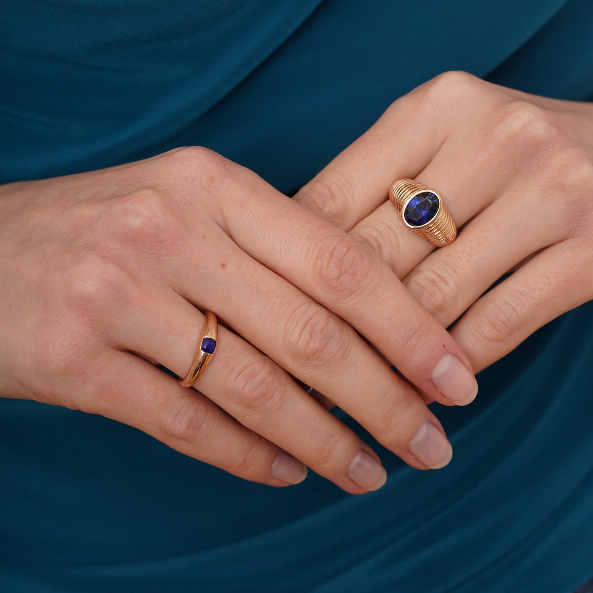 burren jewellery 18k gold plated chunky ribbed ring with a blue sapphire stone 