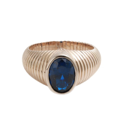 burren jewellery 18k gold plated chunky ribbed ring with a blue sapphire stone 