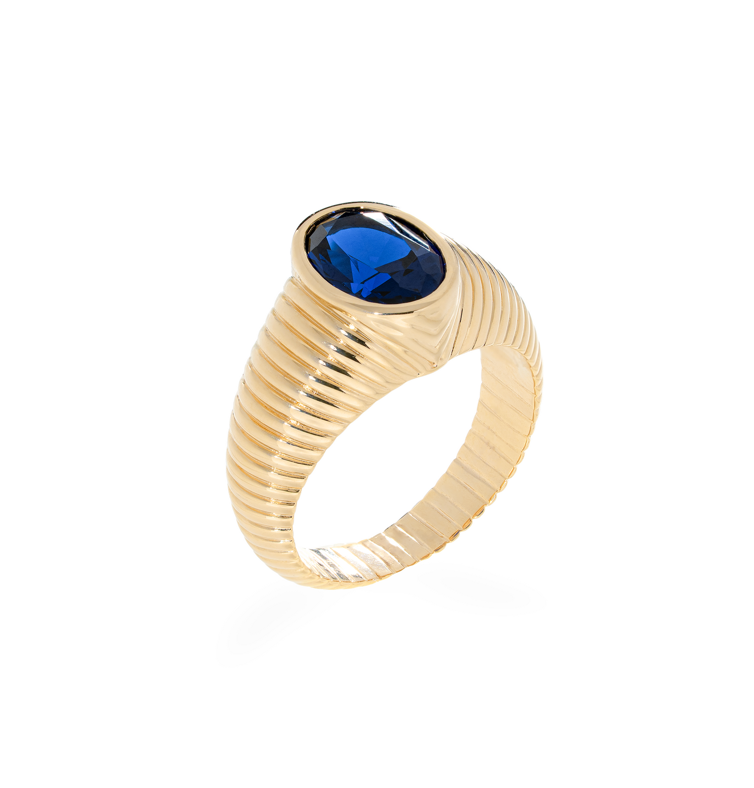 burren jewellery 18k gold plated chunky ribbed ring with a blue sapphire stone 