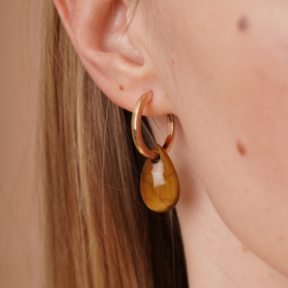 burren jewellery 18k gold plated hoop earrings with tigers eye natural stone teardrop-shaped drop charm