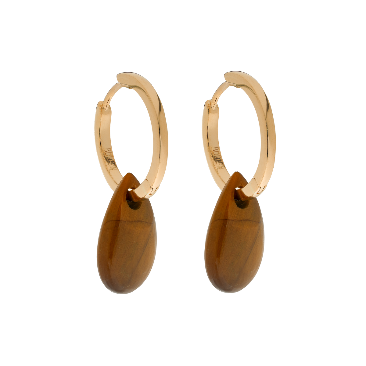 burren jewellery 18k gold plated hoop earrings with tigers eye natural stone teardrop-shaped drop charm