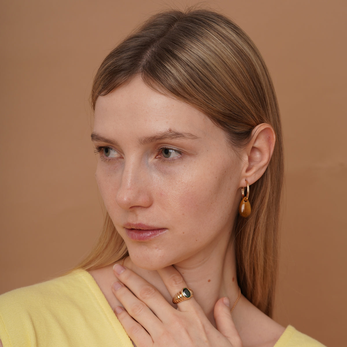 burren jewellery 18k gold plated hoop earrings with tigers eye natural stone teardrop-shaped drop charm