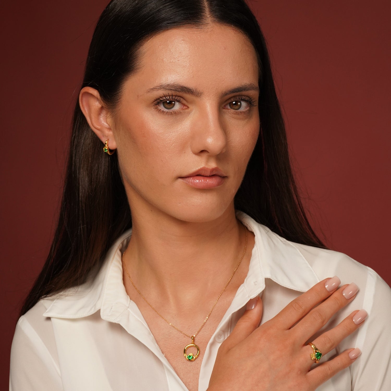 Wild Heart Claddagh Necklace with Green Heart Stone