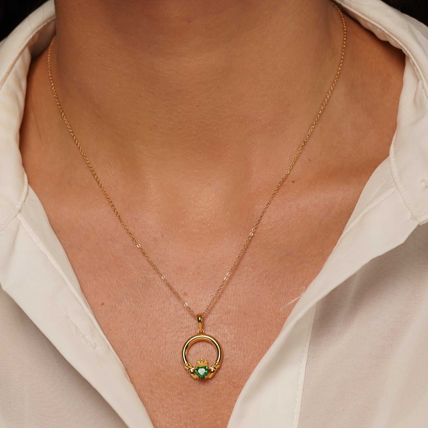 Wild Heart Claddagh Necklace with Green Heart Stone