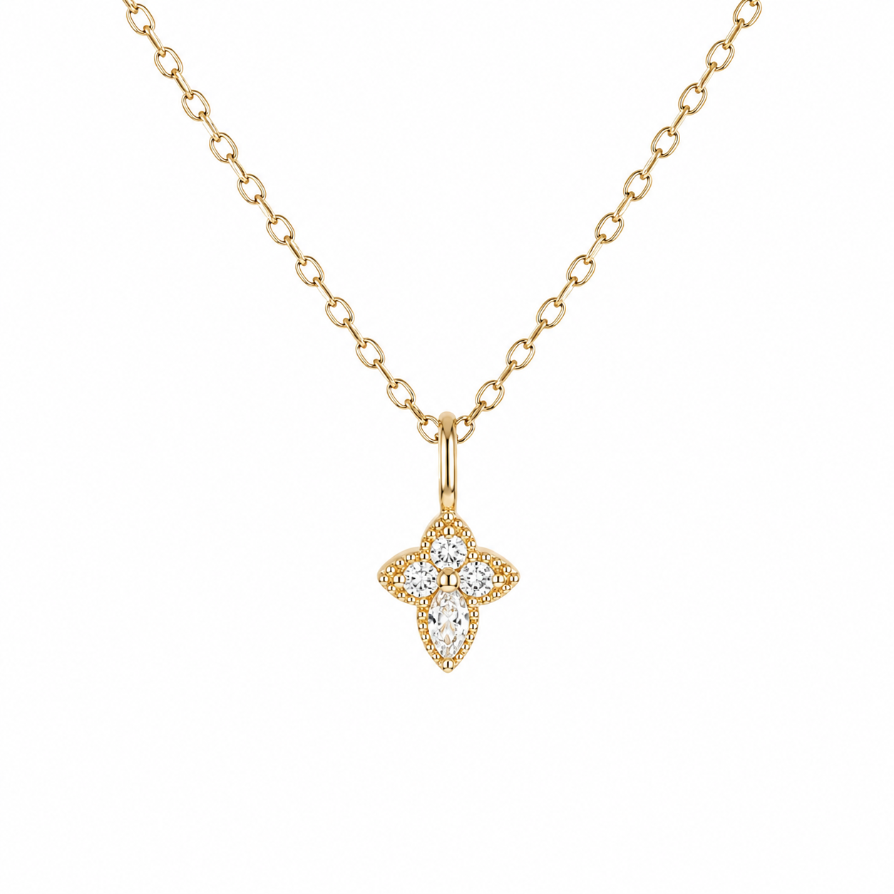Deep Breath Pendant in 18K Gold Plating with Round and Marquise-Cut Cubic Zirconia on a Fine Trace Chain | Burren Jewellery
