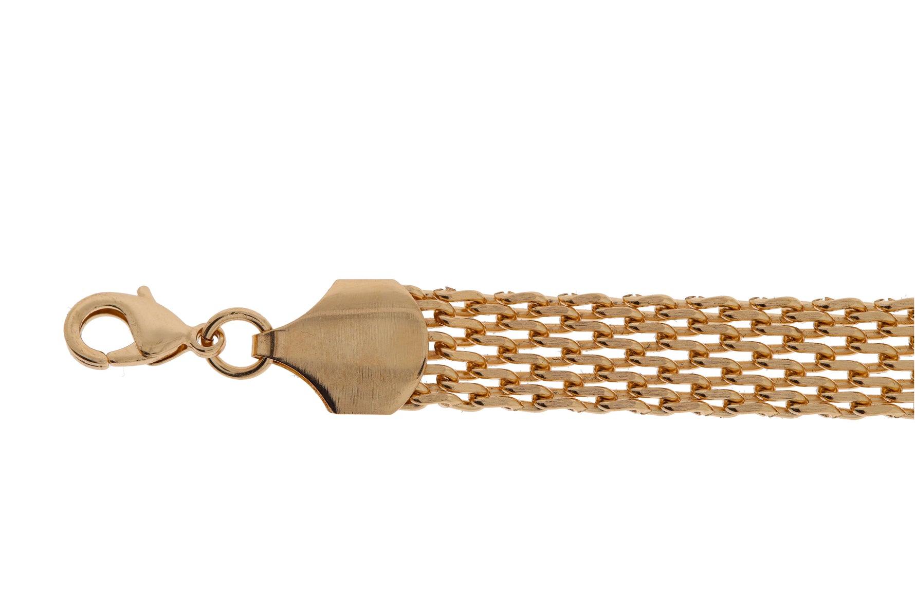 Devotion gold plated woven mesh bracelet, close up on the brushed tag and clasp