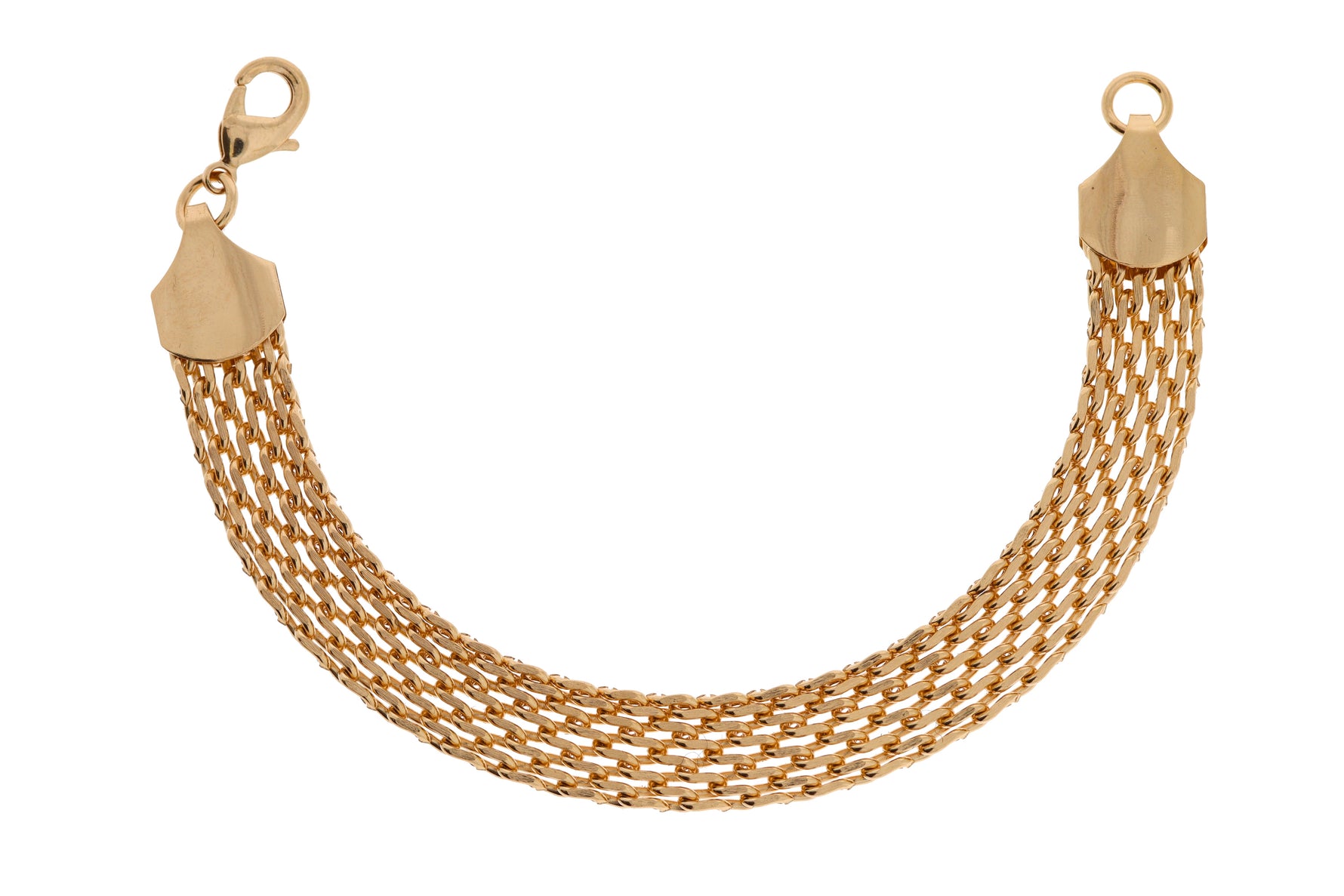 Devotion gold plated woven mesh bracelet laid flat, showing both brushed end tags