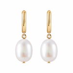 Front shot of Ocean Drop Earrings in 18K Gold Plating Featuring Genuine Freshwater Pearl Drop Huggie Earrings | Burren Jewellery
