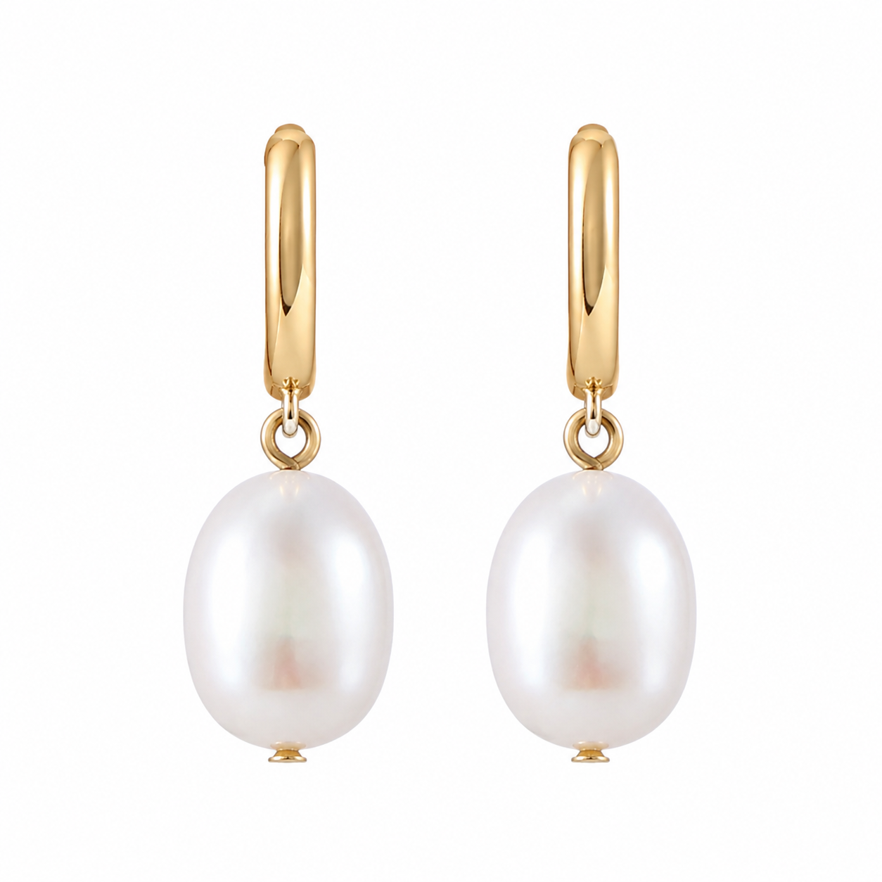 Front shot of Ocean Drop Earrings in 18K Gold Plating Featuring Genuine Freshwater Pearl Drop Huggie Earrings | Burren Jewellery
