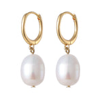 Side shot of Ocean Drop Earrings in 18K Gold Plating Featuring Genuine Freshwater Pearl Drop Huggie Earrings | Burren Jewellery

