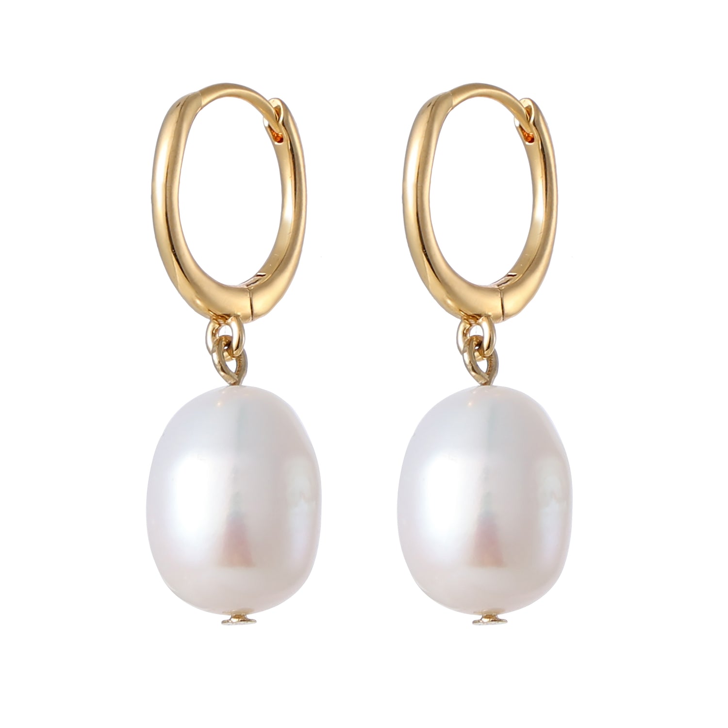 Side shot of Ocean Drop Earrings in 18K Gold Plating Featuring Genuine Freshwater Pearl Drop Huggie Earrings | Burren Jewellery

