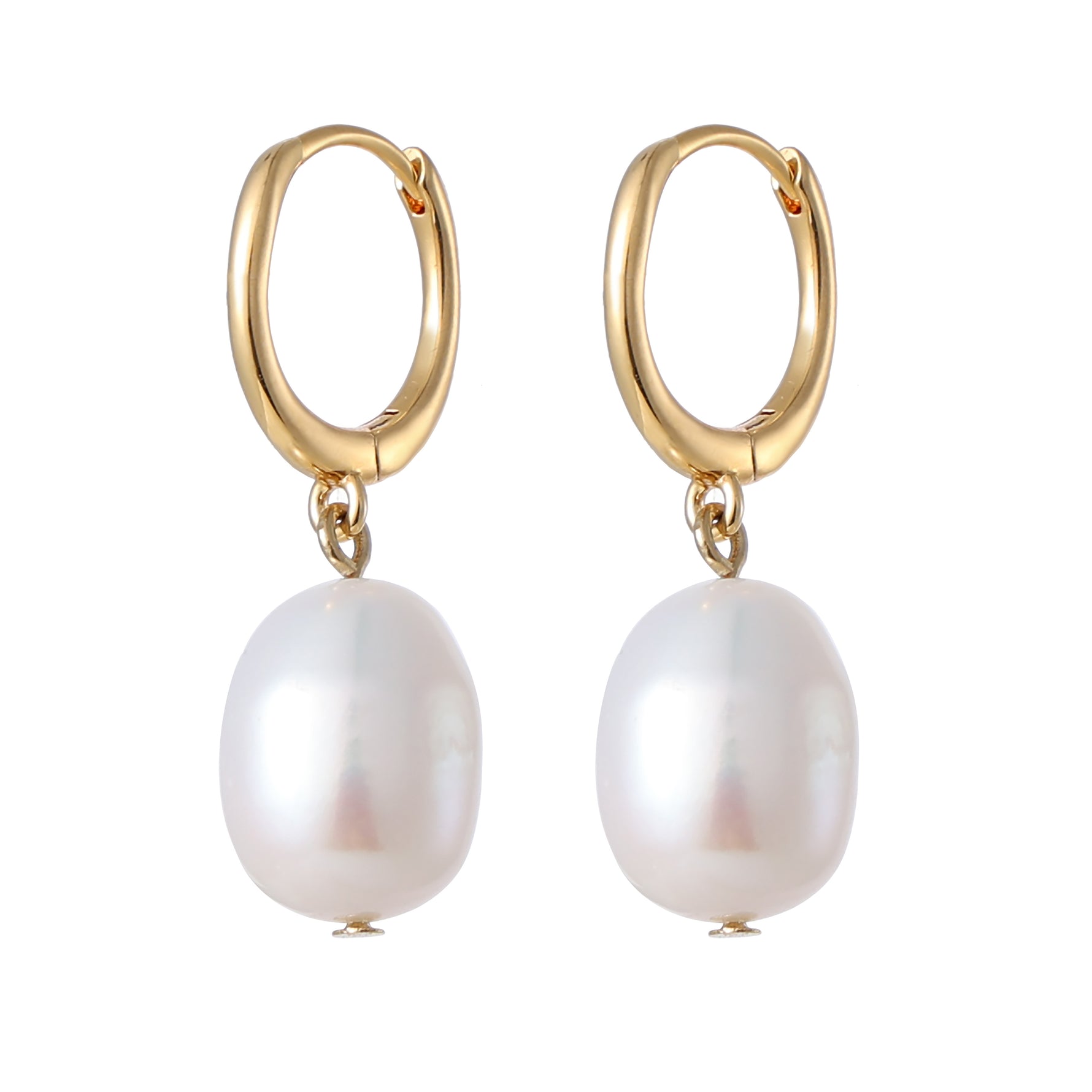 Side shot of Ocean Drop Earrings in 18K Gold Plating Featuring Genuine Freshwater Pearl Drop Huggie Earrings | Burren Jewellery

