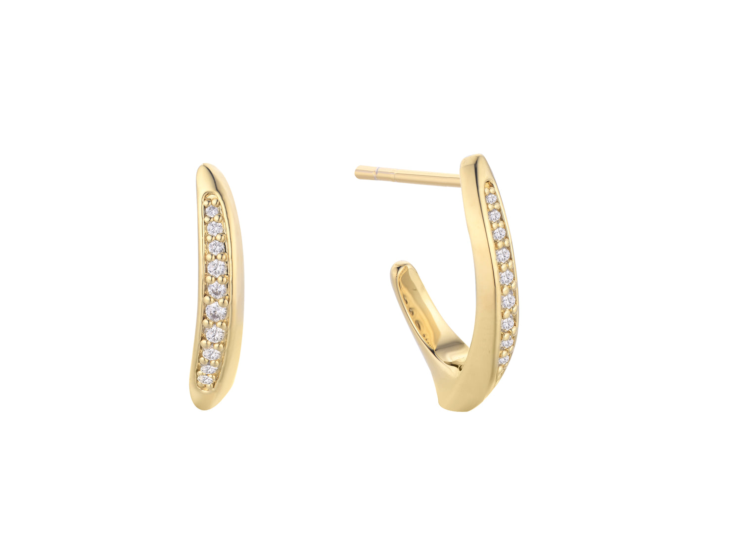 Soft Embrace gold plated pavé hoop earrings shown from front and back, plain reverse edge