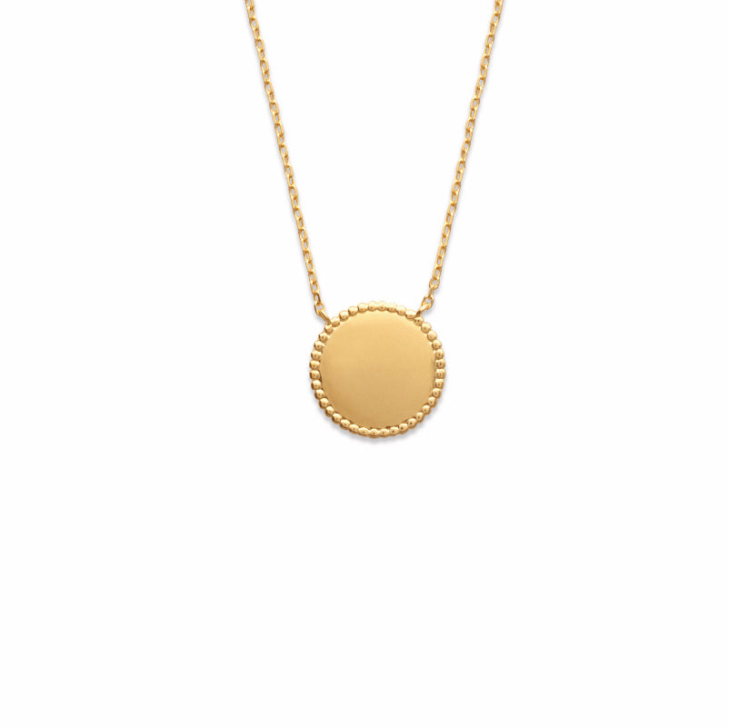 Burren Jewellery Sodade 18K gold plate necklace disc with grain edge