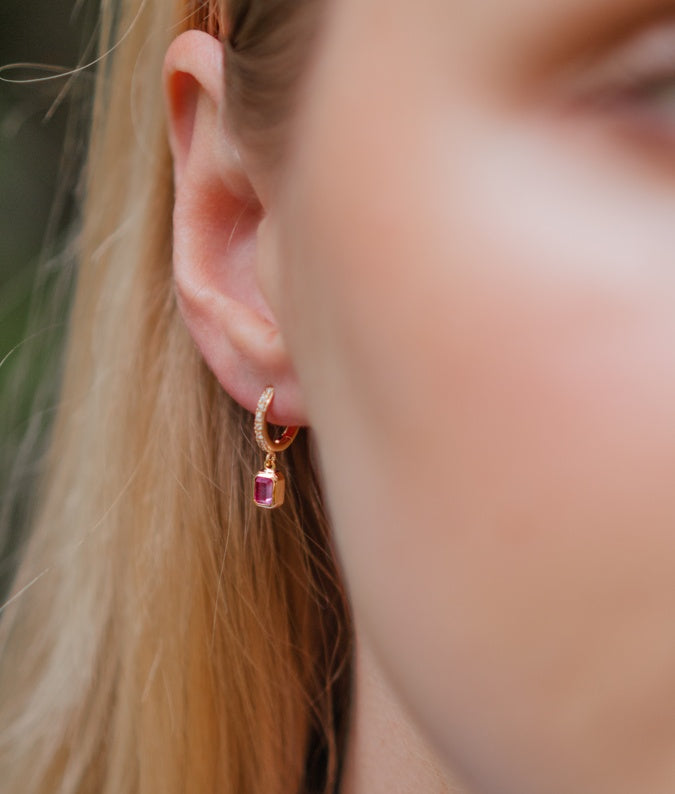 Burren Jewellery 18k gold plated crystalline ruby stone earrings model