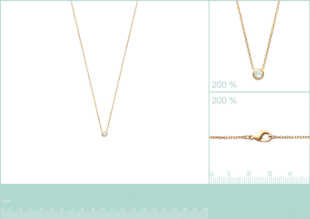 Measurements for 18K gold plate ‘Round About Midnight’ Necklace with centre Cubic Zircon stone in rub over setting